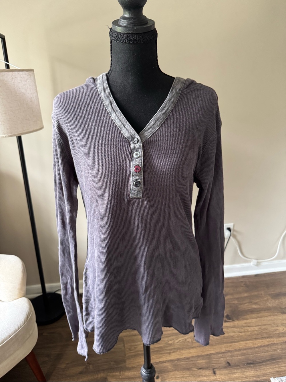 Miley Cyrus & Max Azria Dusty Purple Waffle Henley Long Sleeve Top